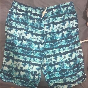 Sporto Teal and Navy Palm-Print Kids Swim Trunks